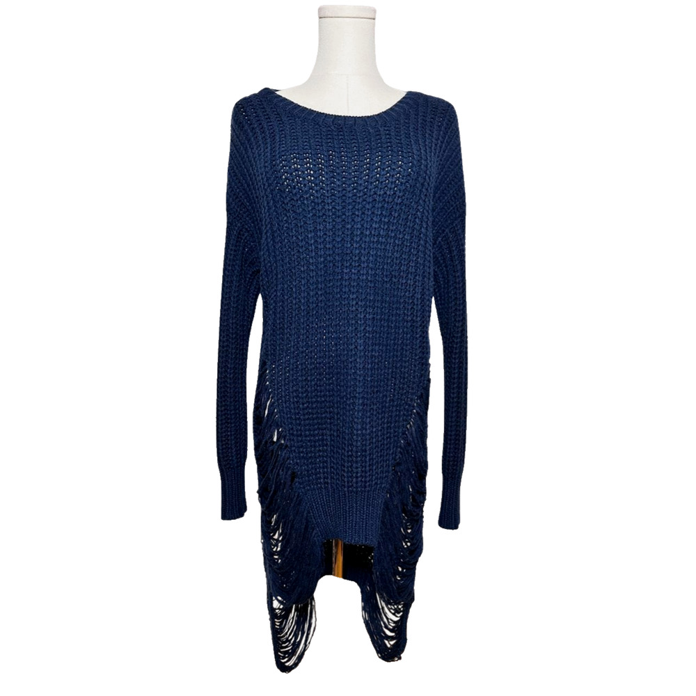 Kosmios Navy Blue Distressed Loose Knit Crew Neck Tunic Sweater Medium